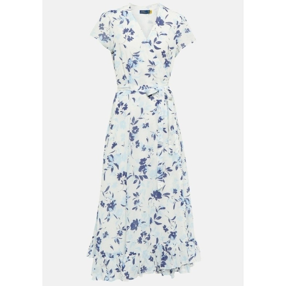 Polo Ralph Lauren Wrap Dress Floral Midi White Cotton Midi Cottagecore Preppy 10 - Picture 6 of 16
